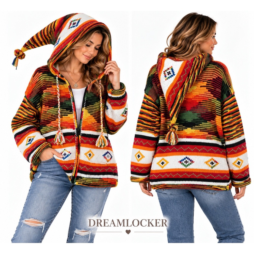 Hand Knit Sweater Jacket Pixie Hood Multicolor Southwestern Boho Hippie Festival